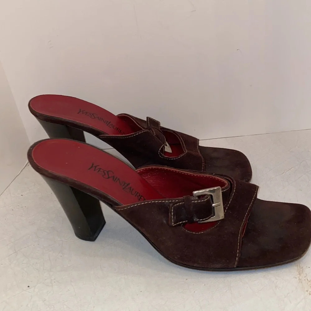 Yves Saint Laurent Brown Suede Vintage Square Toe Buckle Sandal Heel Pumps - Picture 7 of 13